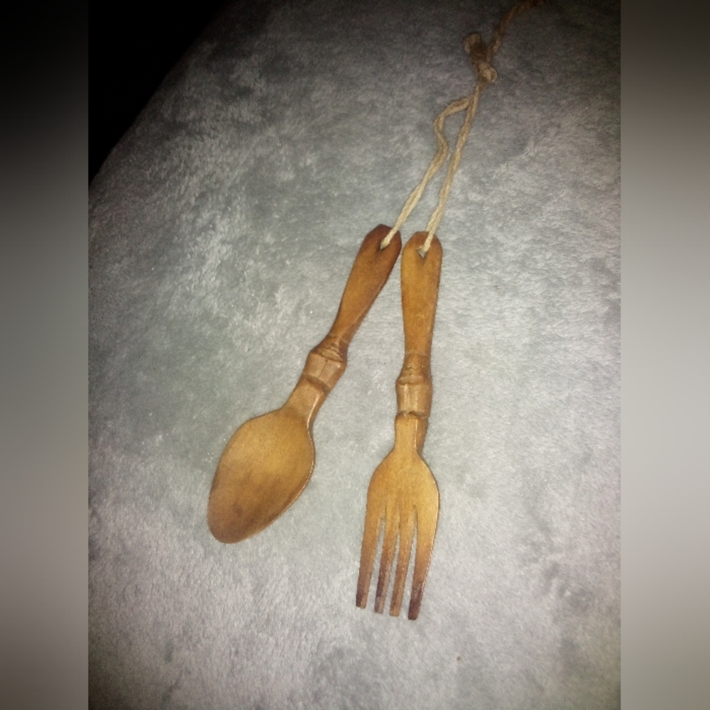 Vintage 1960's Polynesian Tiki style miniature wooden fork and spoon